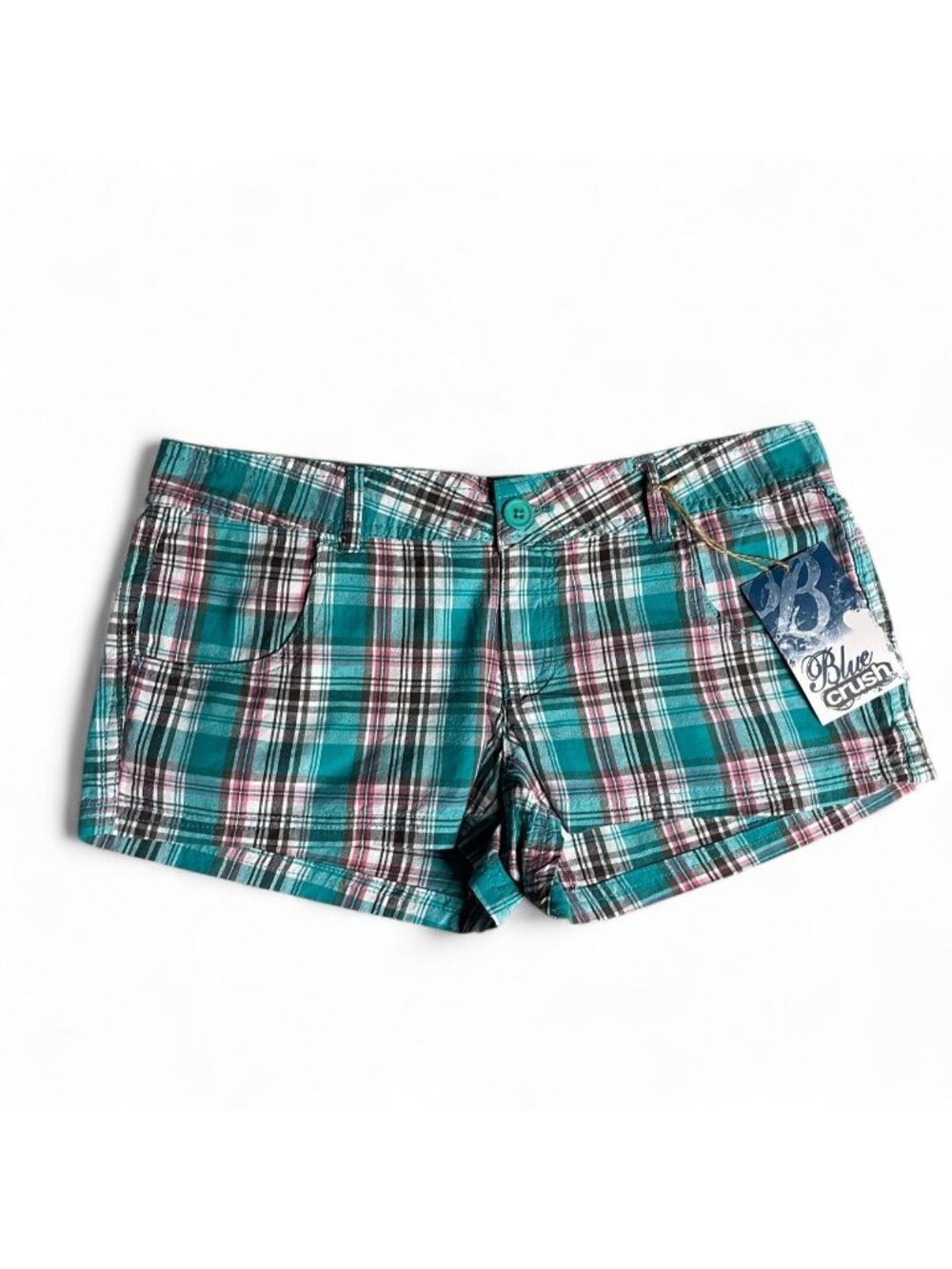 Y2K Blue Crush teal low rise plaid mini shorts